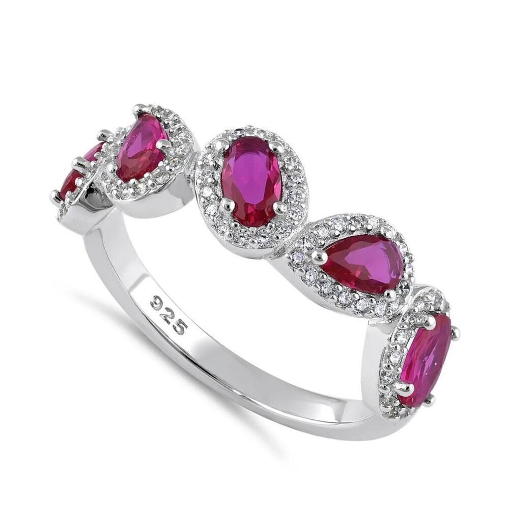 Sterling Silver Half Eternity Pear and Oval Halo Ruby and Clear CZ Ring New